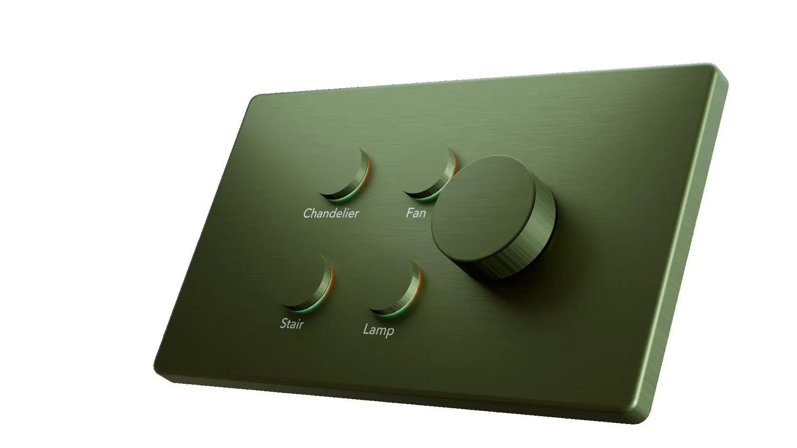 A Cosmos metallic keypad with a rotary knob and four labelled buttons: Chandelier, Fan, Stair and Lamp