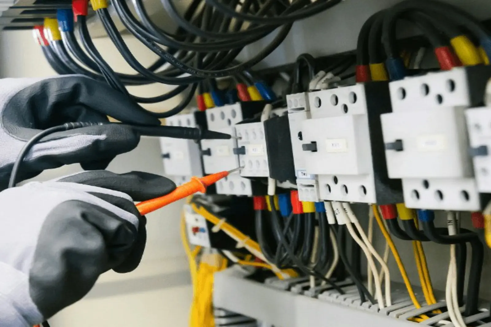 An electrician in insulated gloves testing wiring inside an electrical distribution panel