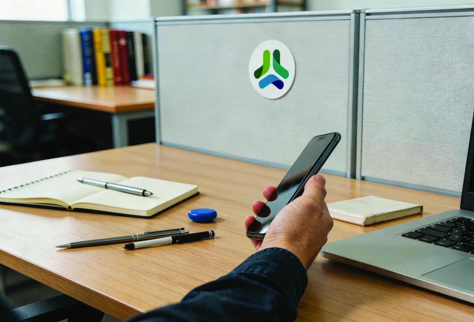 An office desk with a laptop and a phone tapped on an NFC tag