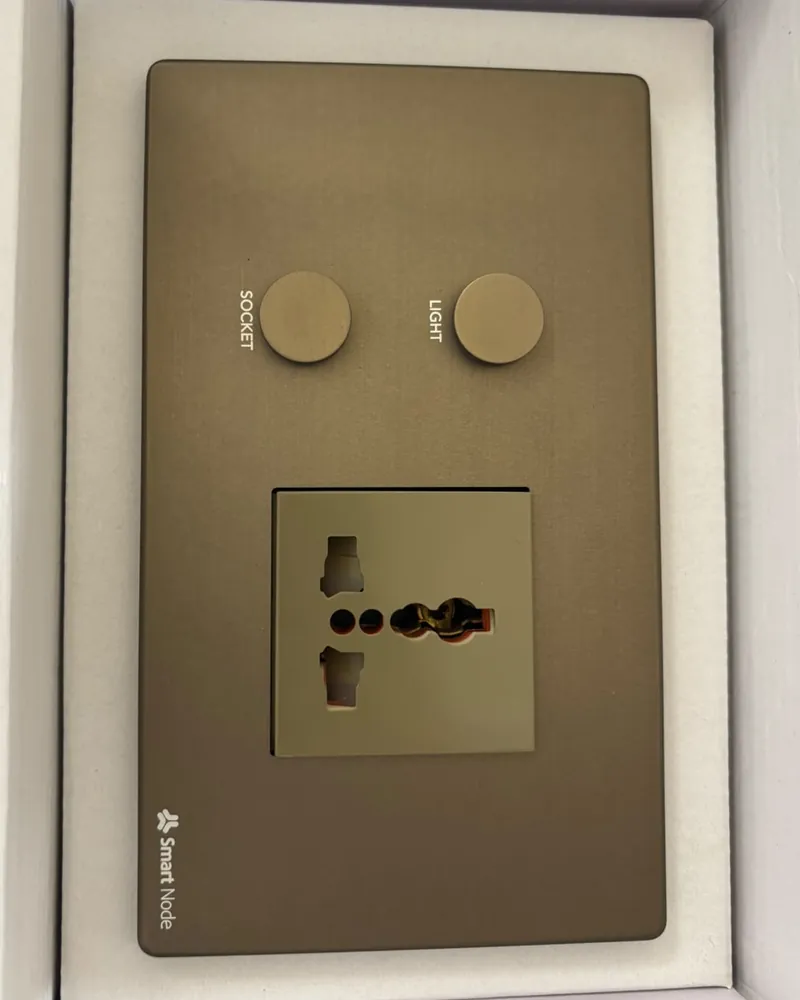 A Cosmos keypad with a universal socket in brushed bronze