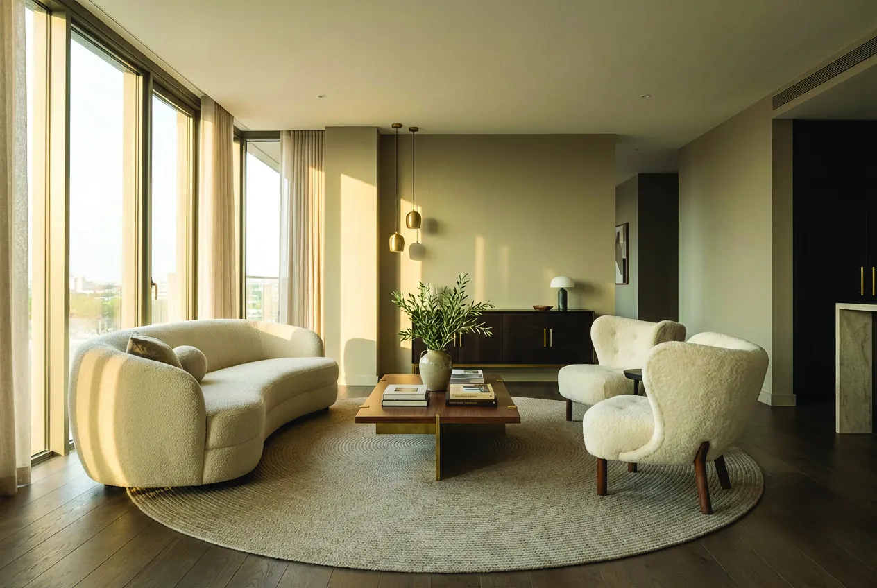 A calm living room with a curved sofa, round rug and tall windows