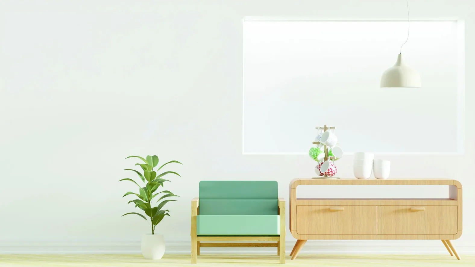A bright room with a mint armchair and wooden console, styled around a scene keypad