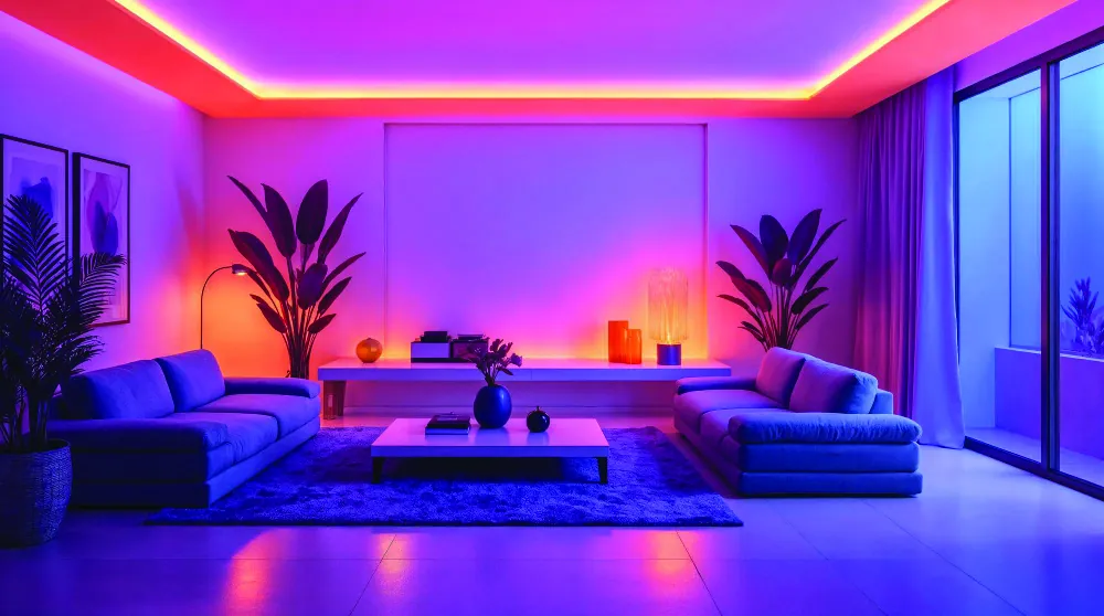 A lounge washed in purple, pink and blue light from RGBW cove lighting