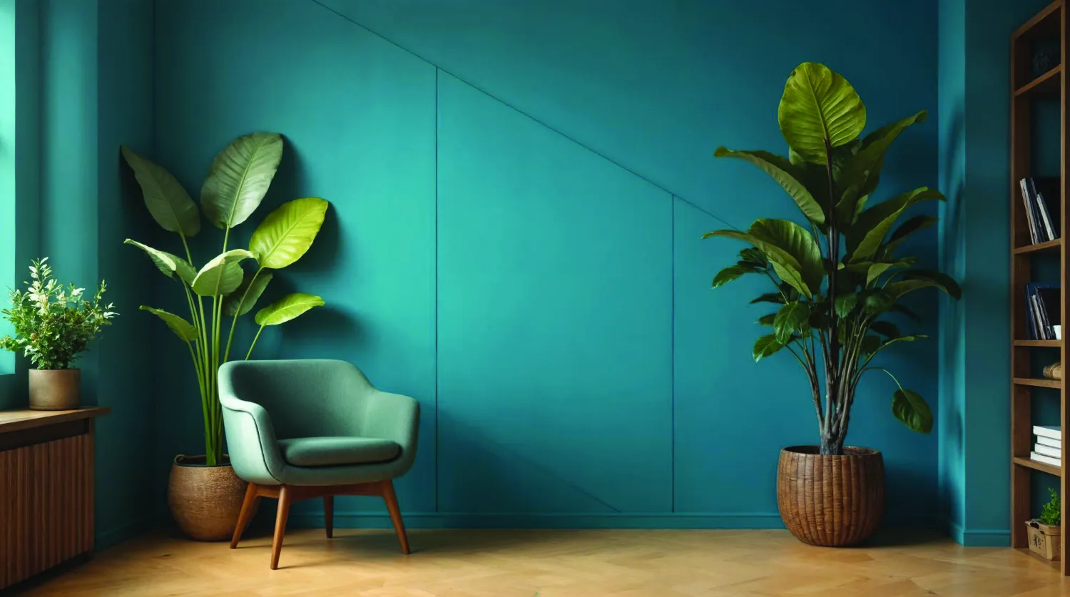 A teal-walled reading corner with an armchair, plants and a bookshelf