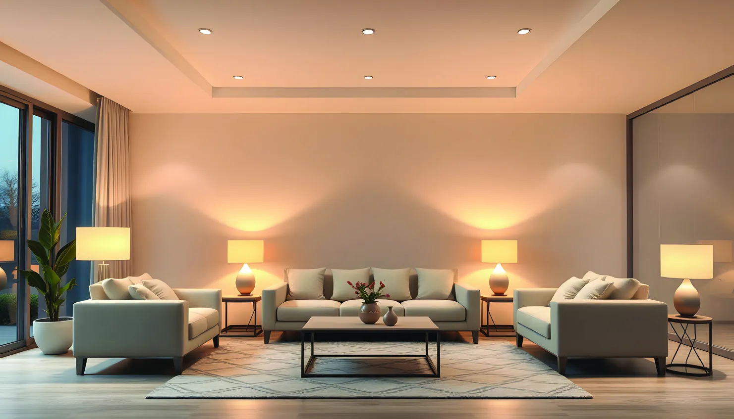 A hotel-style lounge in warm evening light